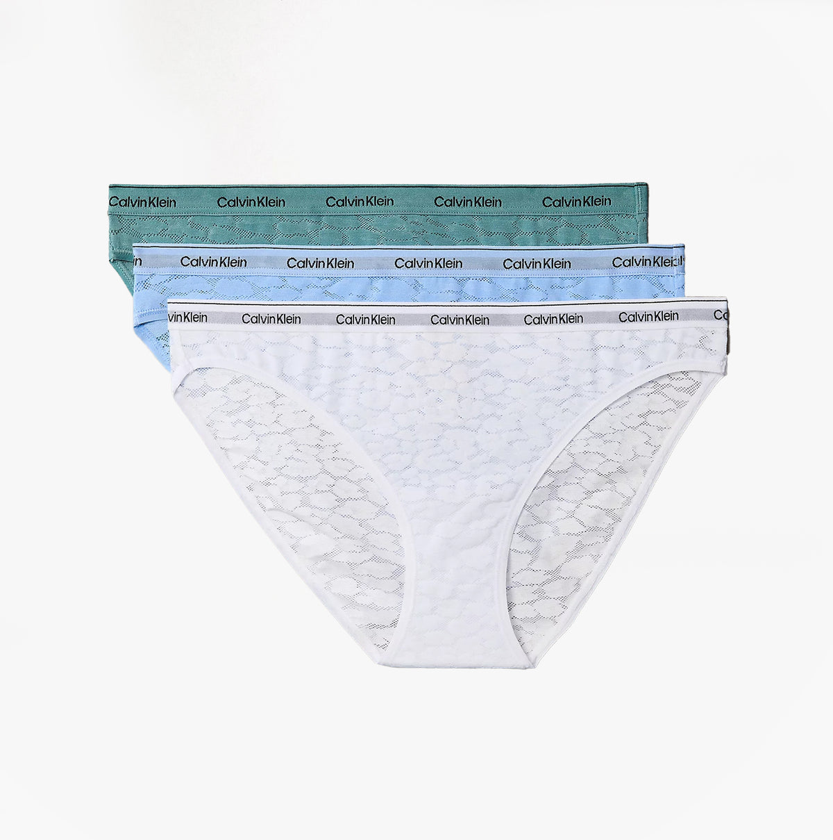 Calvin Klein BIKINI 3 PACK Womens Bikini Multicoloured front view showing three bikinis in green, blue and white.