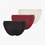 Calvin Klein MODERN LOGO HOLIDAY Womens 3 Pack Bikinis Multicoloured, side view showcasing black, burgundy, and cream bikinis.
