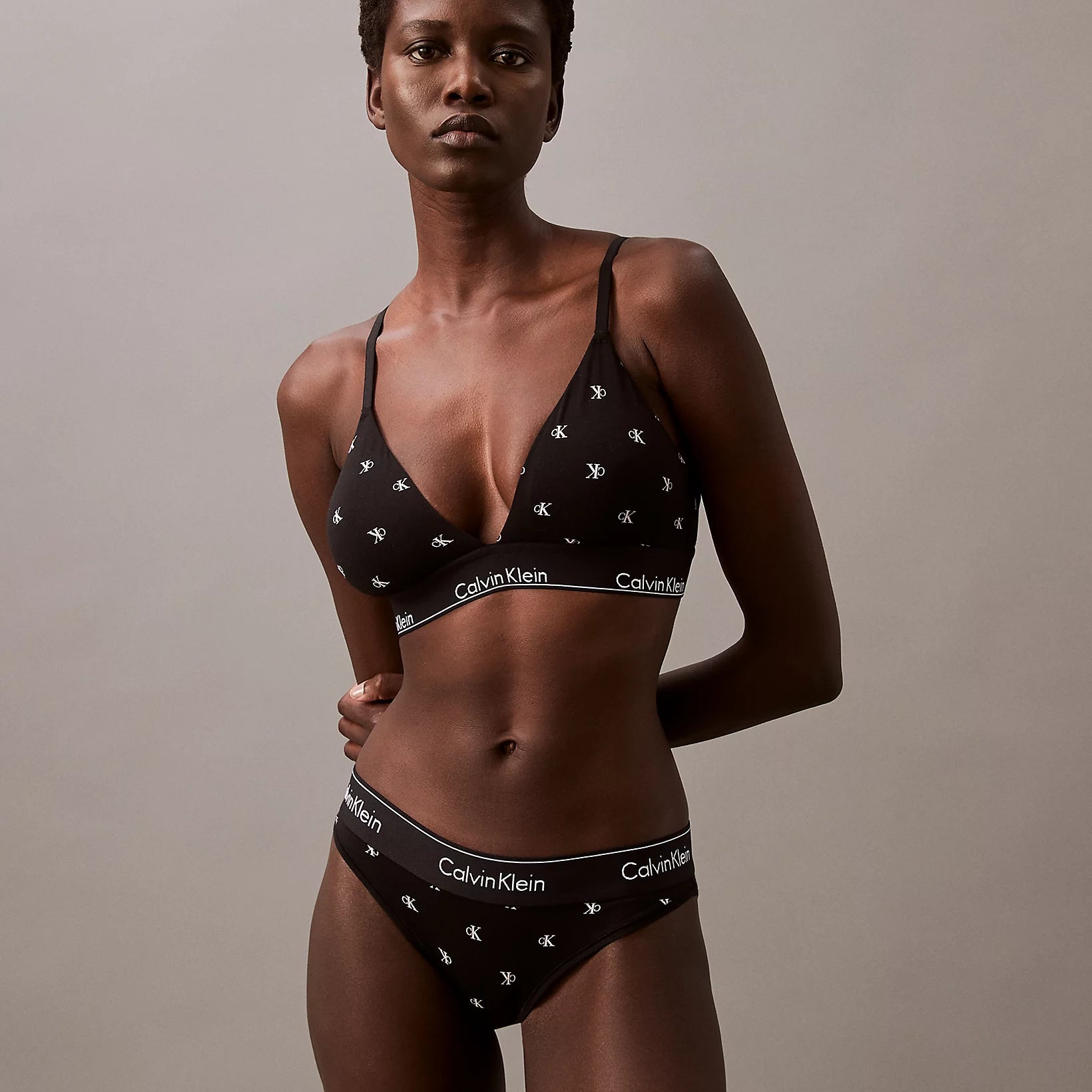 Calvin Klein MODERN COTTON Womens Triangle Bra Black Diamond Logo Print
