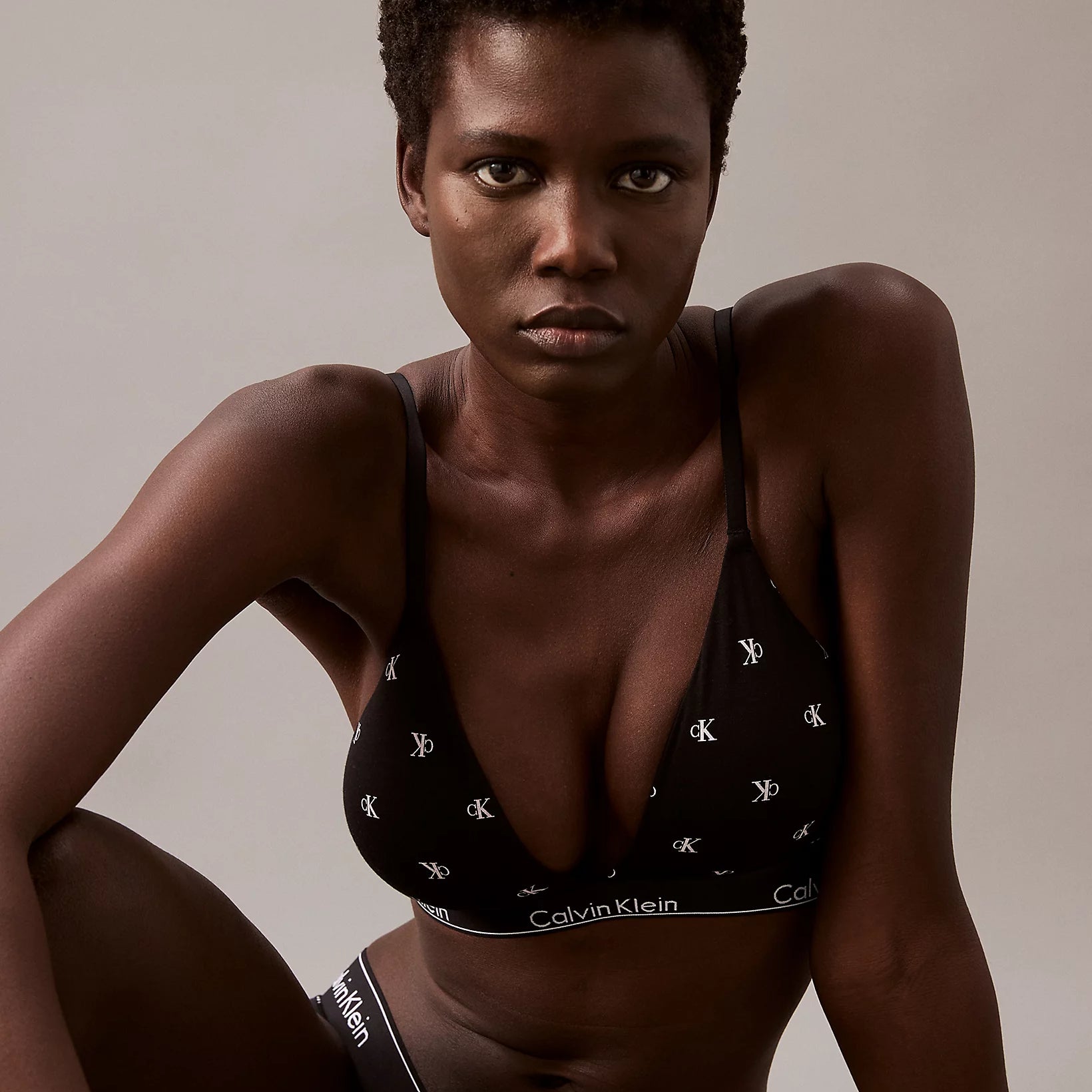 Calvin Klein MODERN COTTON Womens Triangle Bra Black Diamond Logo Print
