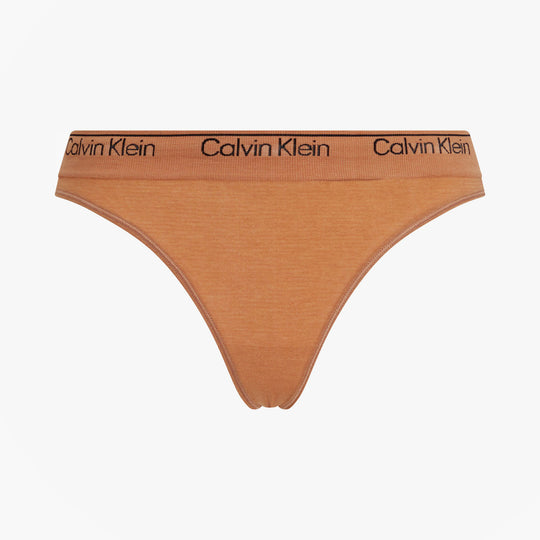 Calvin Klein Womens Thong Sandalwood front view showing the soft tone and elasticated waistband with Calvin Klein logo.