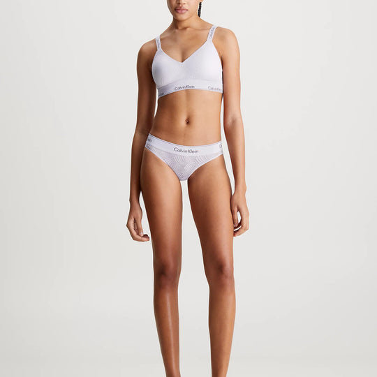 Calvin Klein MODERN LACE Lined Bralette Womens Lavender Blue front view on model, showcasing semi-sheer lace, soft moulded cups.