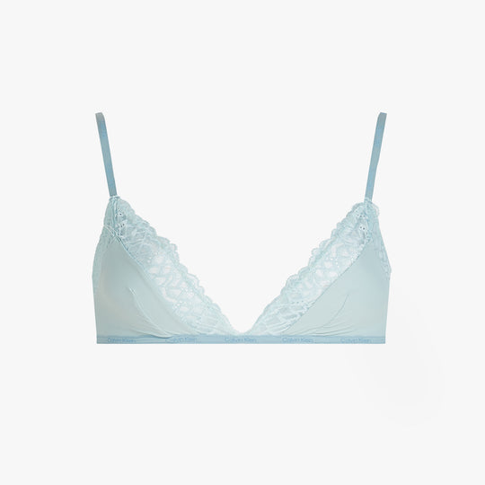 Calvin Klein SOFT STRETCH LACE Womens Triangle Bra Ether front view featuring soft triangle cups and adjustable straps.