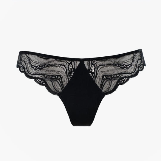 Calvin Klein THONG Womens Speakeasy Navy front view of delicate lace thong underwear.