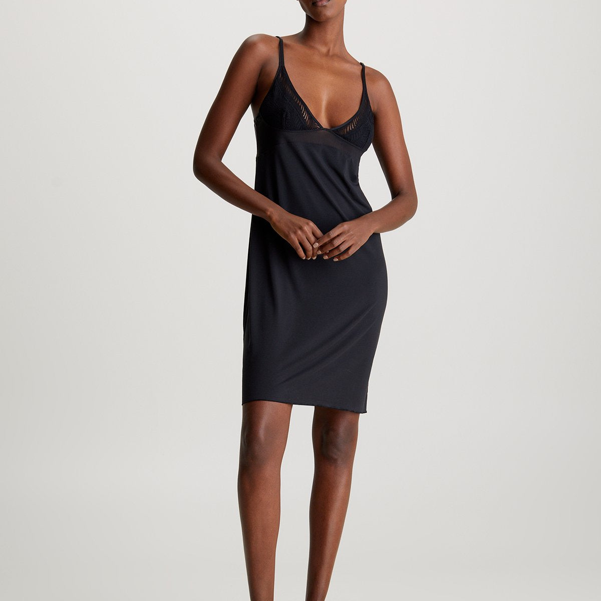 Calvin Klein SCULPT LACE LOUNGE Full Slip Nightdress Womens Black