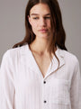 Calvin Klein PURE TEXTURED Womens Night Dress White - Front view, featuring a relaxed fit, classic collar, and long sleeves.