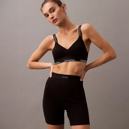 Calvin Klein COTTON STRETCH RIB Womens Lounge Shorts Black front view, model wearing matching black bralette.