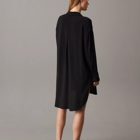 Calvin Klein WOVEN VISCOSE Womens Nightshirt Black rear view showcasing long sleeves and relaxed fit.