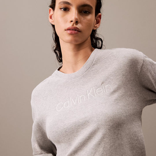 Calvin Klein MODERN TERRY Womens Sweatshirt Grey Heather front view featuring soft cotton material and embroidered logo.