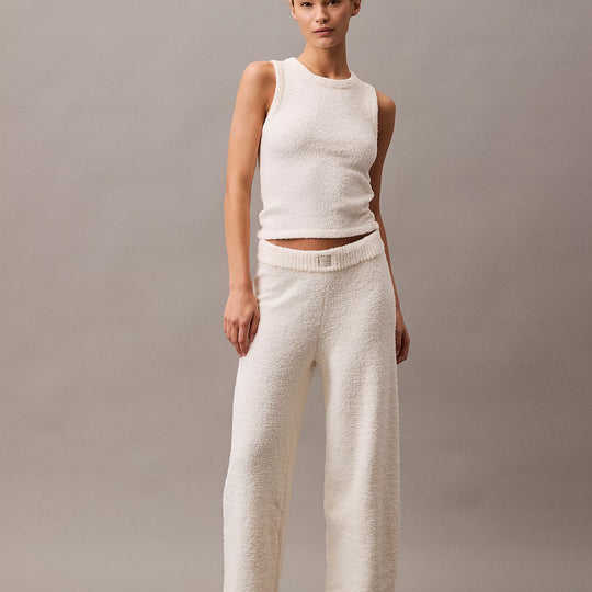 Calvin Klein PLUSH SWEATER Womens Pants Ivory front view showcasing soft, relaxed fit loungewear in ivory color.