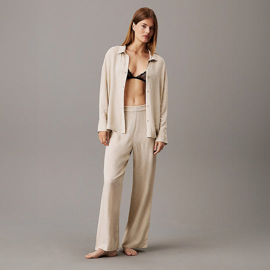 Calvin Klein WOVEN VISCOSE Womens Button Down Pants Set Diamond Logo/Cocoon, front view featuring a relaxed fit in beige.