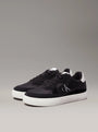 Calvin Klein CLASSIC CUPSOLE ICON Mens Trainers Black/Bright White side view showcasing suede upper and lace-up design.