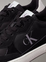 Calvin Klein CLASSIC CUPSOLE ICON Mens Trainers Black/Bright White detail view showcasing black suede upper and CK logo.