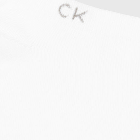 Calvin Klein 2 Pack Mens Ankle Trainer Socks White close-up detail view featuring CK logo on the cuff.