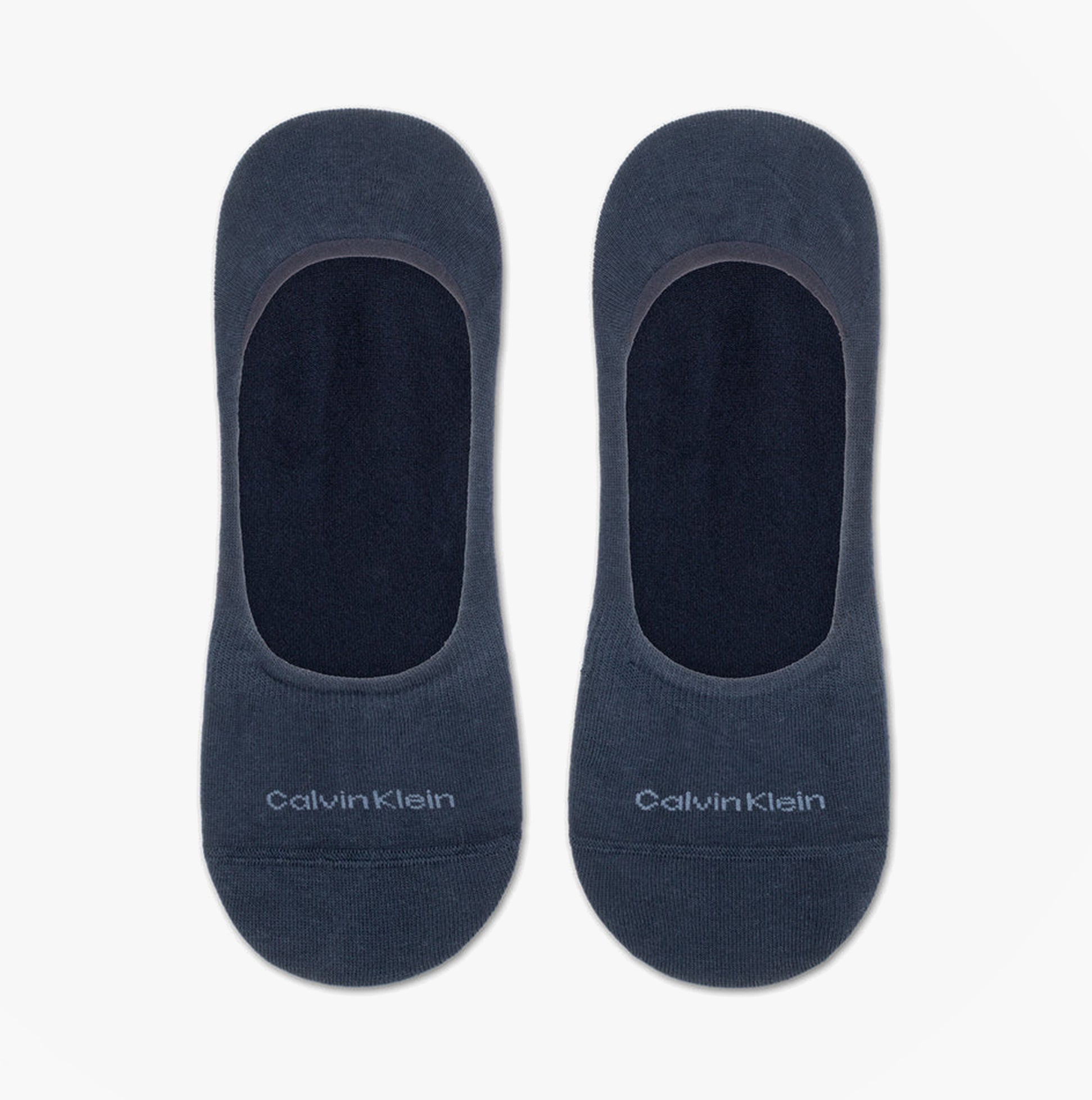 Calvin Klein 2 Pack Mens Invisible Socks Navy top view showing soft cotton blend material and logo.