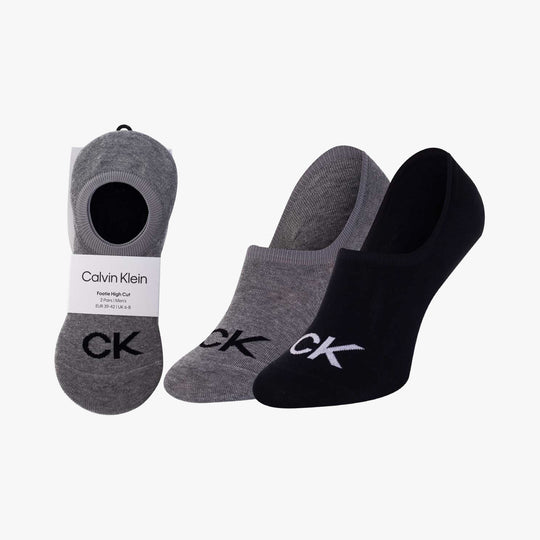 Calvin Klein 2 Pack Logo Mens Invisible Socks Grey displayed with one grey sock and one black sock from side view.