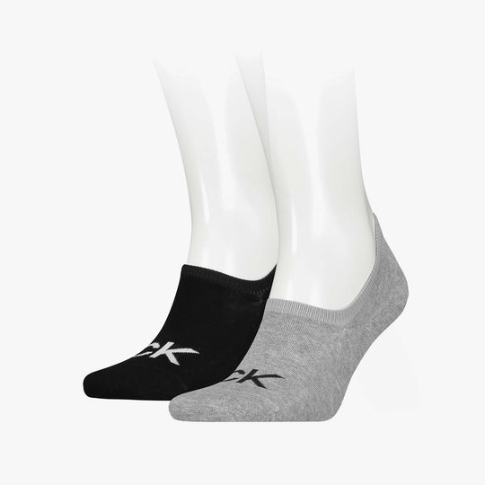 Calvin Klein 2 Pack Logo Mens Invisible Socks Grey featuring one grey and one black sock side view on a white background.
