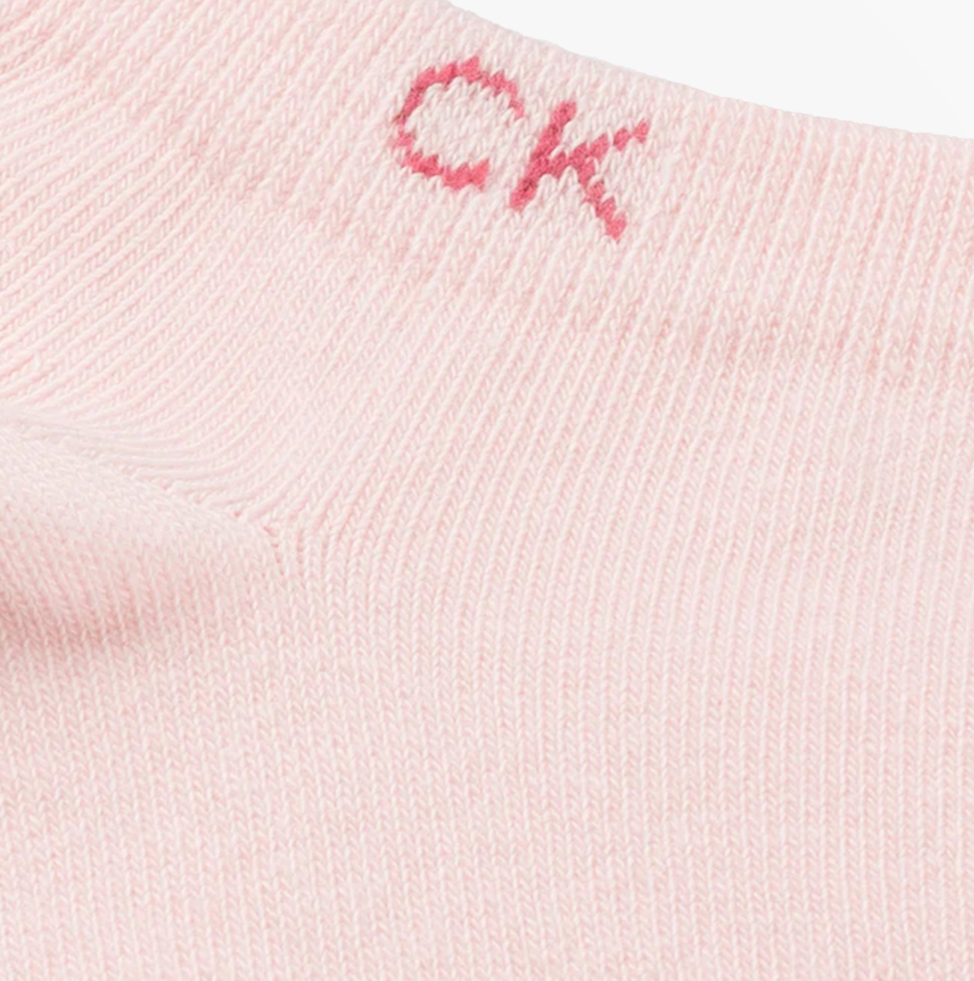 Calvin Klein 2 Pack Womens Ankle Trainer Socks Pink Combo close-up view showing CK logo detail on the pink fabric.