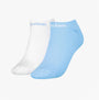 Calvin Klein 2 Pack Womens Ankle Trainer Socks Blue Combo front view showcasing light blue and white socks.