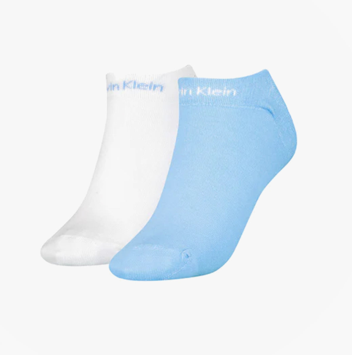 Calvin Klein 2 Pack Womens Ankle Trainer Socks Blue Combo front view showcasing light blue and white socks.