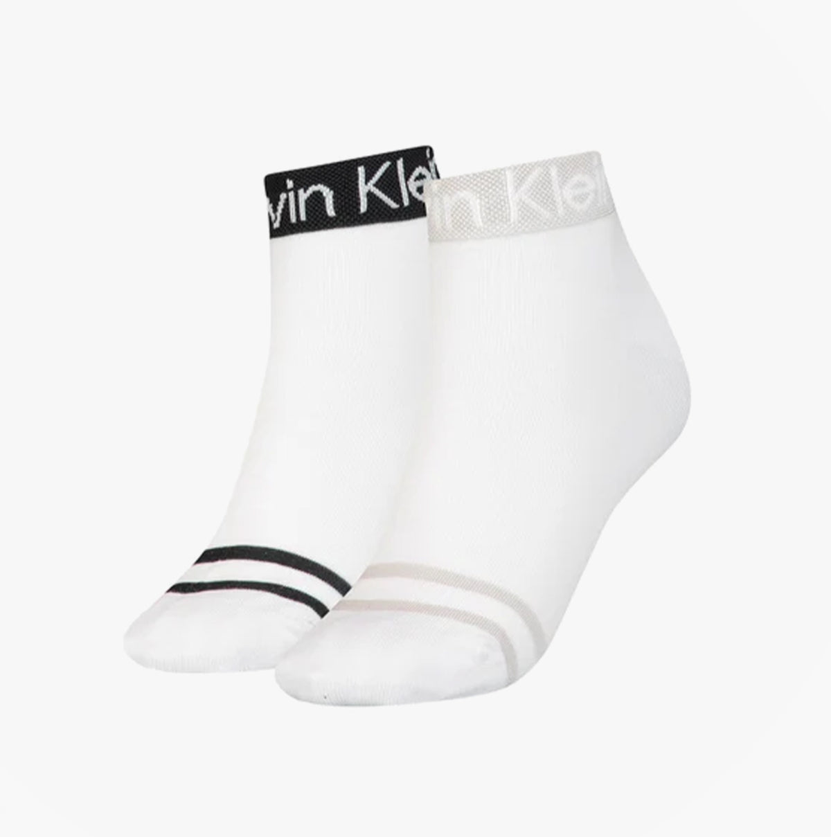 Calvin Klein 2 Pack Womens Ankle Trainer Socks White front view showcasing black and grey accents.