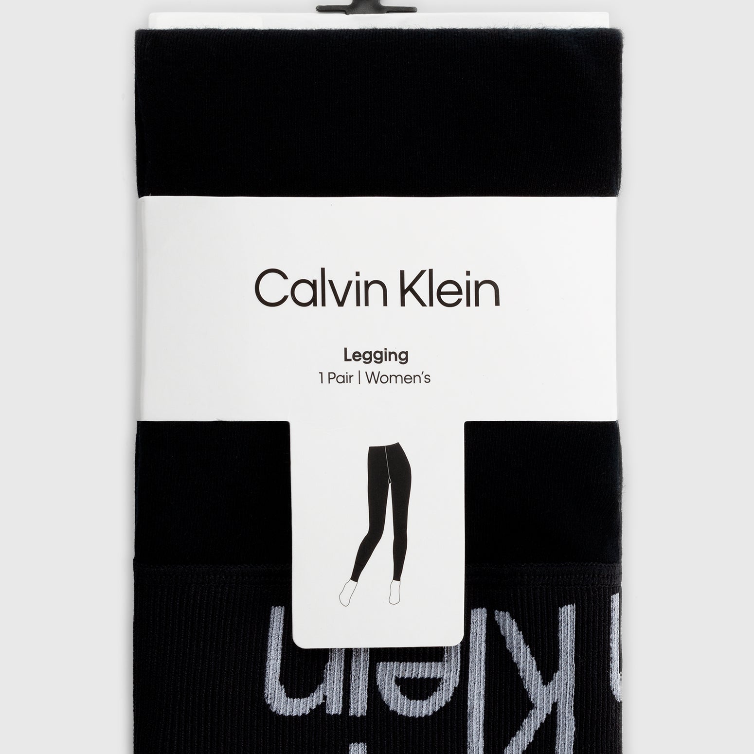 Calvin Klein LOGO Waist Leggings Black packaged view with logo detail on waistband and product description.