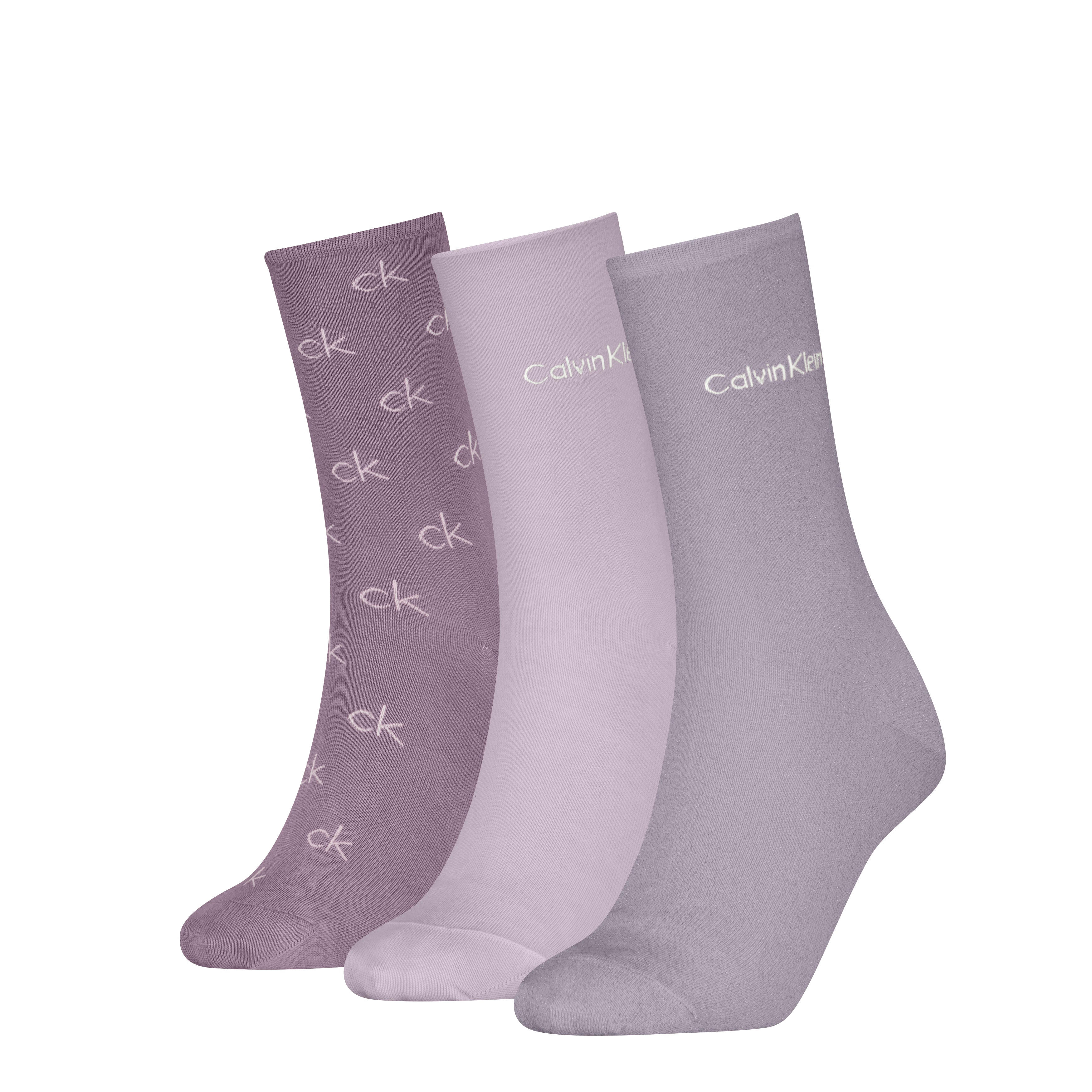 Calvin Klein 3 Pack Giftboxed Logo Womens Crew Socks Lilac Combo