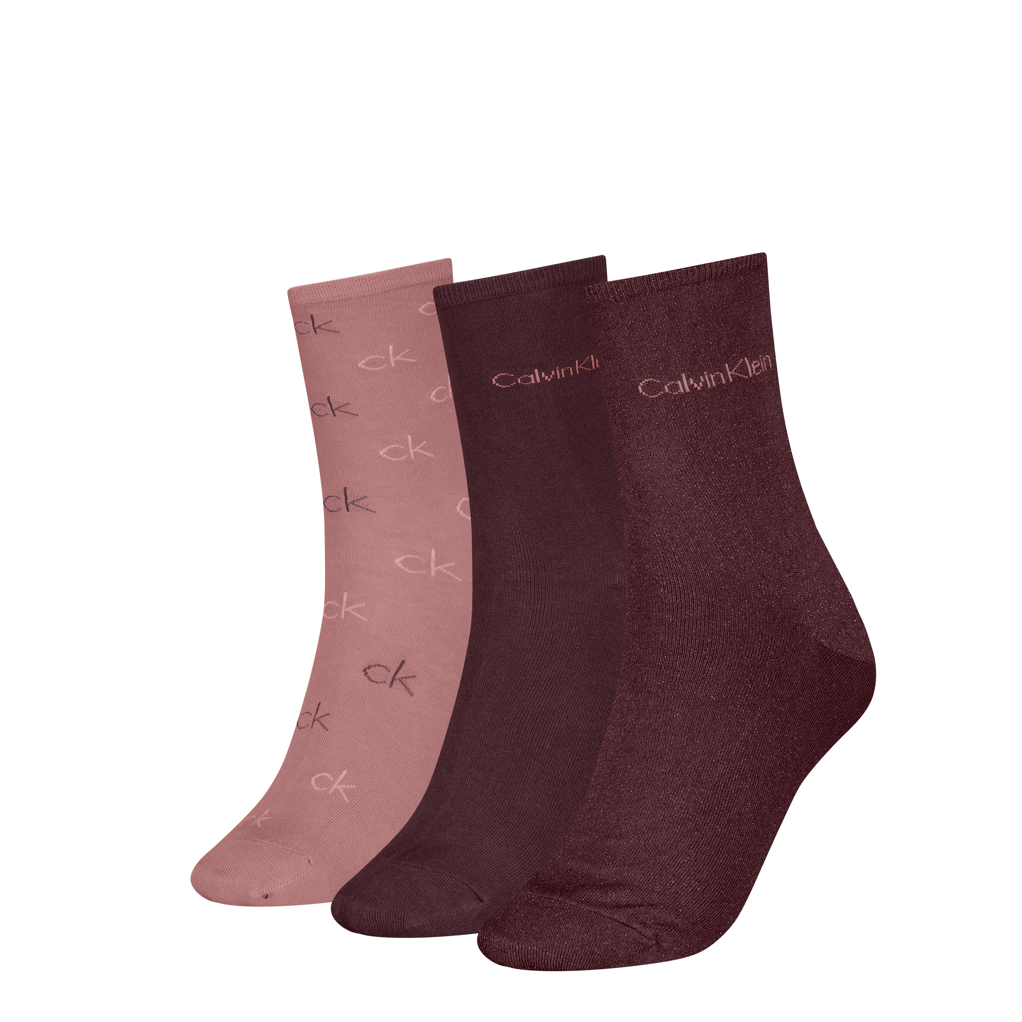 Calvin Klein 3 Pack Giftboxed Logo Womens Crew Socks Burgundy Combo
