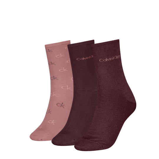 Calvin Klein 3 Pack Giftboxed Logo Womens Crew Socks Burgundy Combo side view with logos and colors displayed.