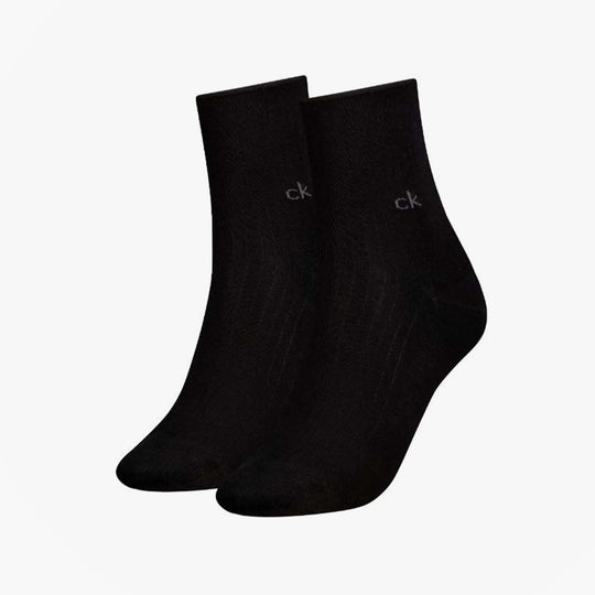 Calvin Klein 2 Pack Shorty Roll Top Womens Socks Black, front view displaying black crew socks with ck logo.