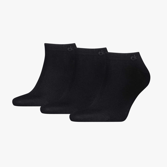 Calvin Klein 3 Pack Sneaker Mens Socks Black front view showing three pairs of ankle socks in black.