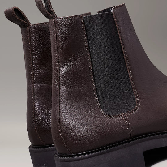 Calvin Klein CHELSEA BOOTS Mens Mole, rear view showing brown leather upper and elasticated side panel.