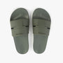 Calvin Klein POOL SLIDE DOUBLE T Mens Sliders Dark Olive top view showcasing lightweight synthetic design and slip-on closure.