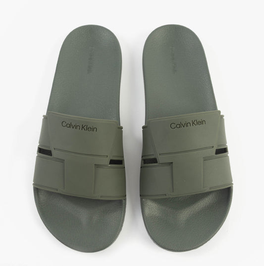 Calvin Klein POOL SLIDE DOUBLE T Mens Sliders Dark Olive