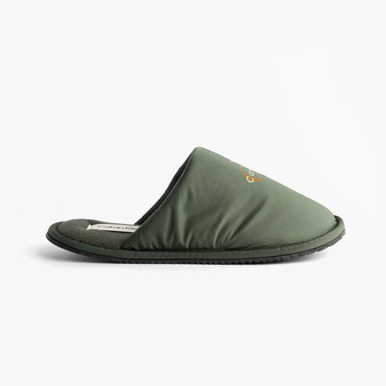 Calvin Klein HOTEL SLIPPER MONOLOGUE Mens Slippers Thyme side view slip-on mules with polyester upper and TPR sole.