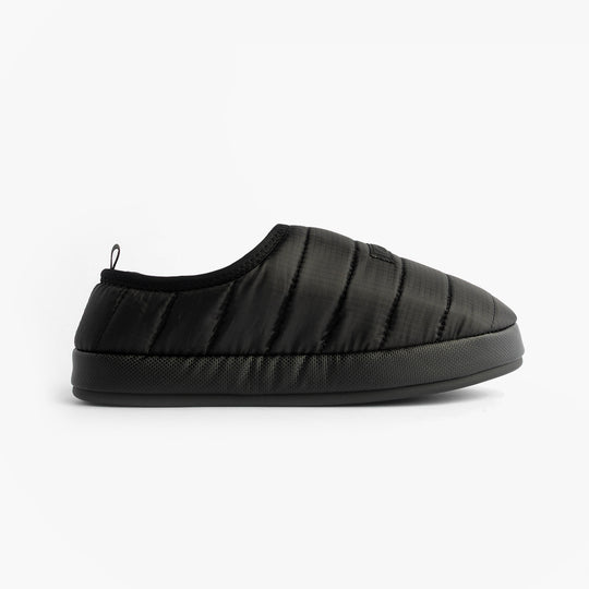 Calvin Klein HOME SLIPPER RIPSTOP Mens Slippers Black side view with lightweight polyester upper and flat sole.