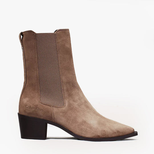 Calvin Klein HEEL Womens Cowboy Boots Mountain Trail side view brown suede with block heel