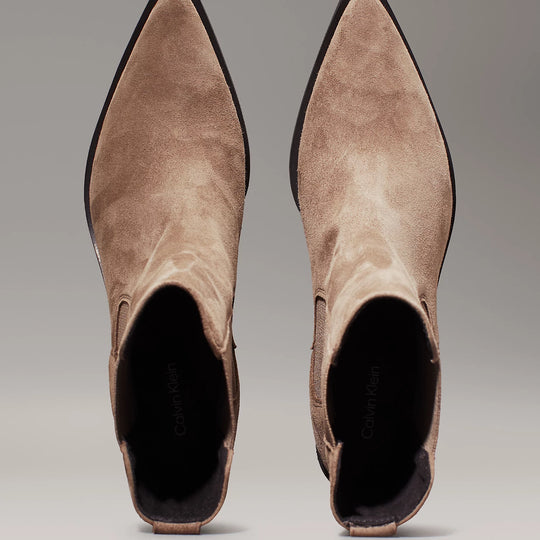 Calvin Klein HEEL Womens Cowboy Boots Mountain Trail top view showing pointy toe and suede upper details.