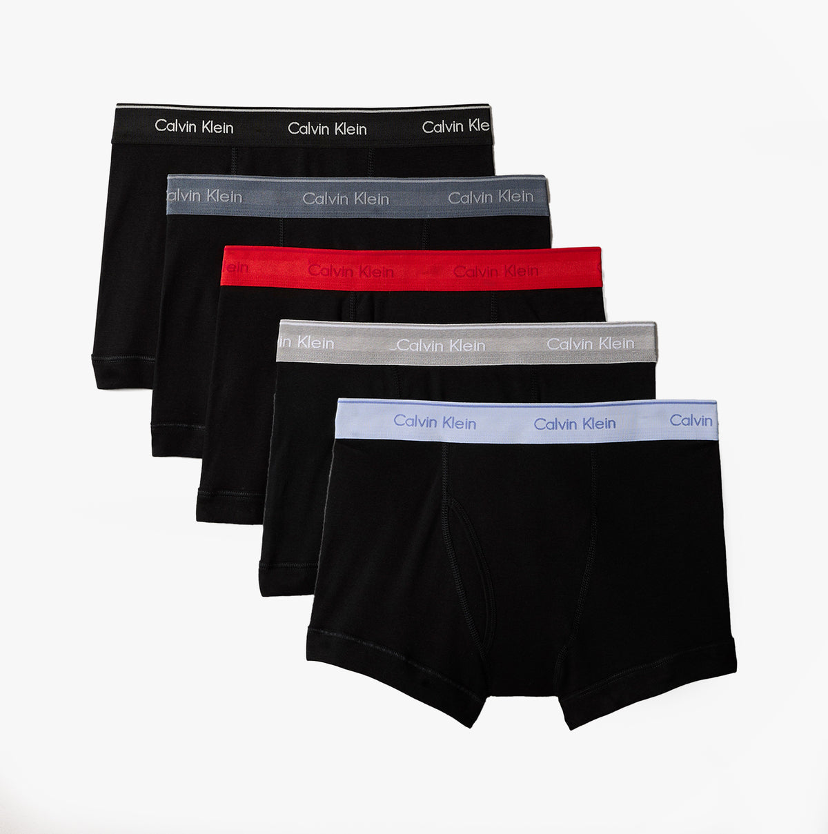Calvin Klein TRUNK Mens 5 PACK Multicoloured side view showcasing black, red, grey, and blue waistband boxer trunks.