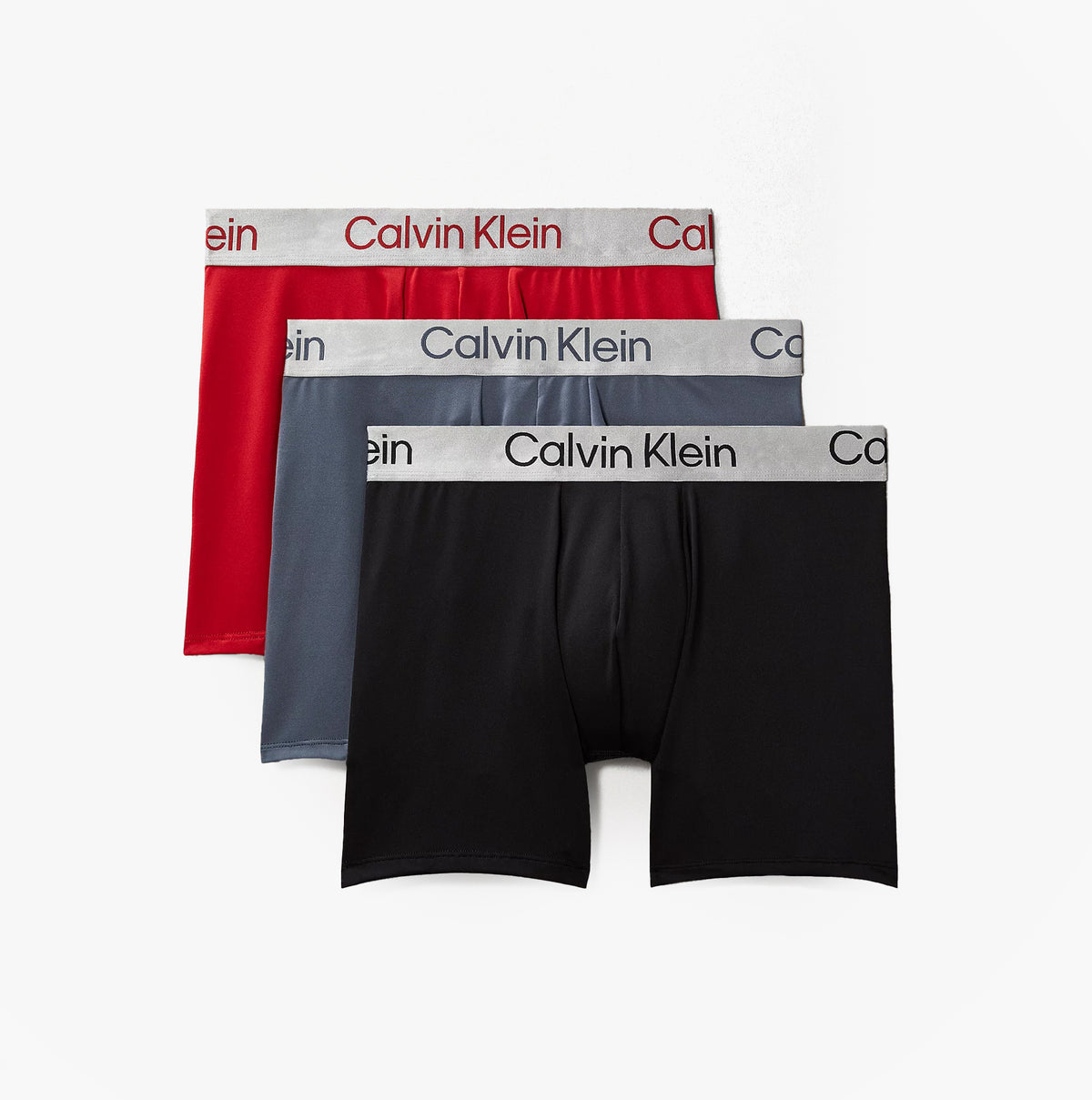 Calvin Klein LV00NB4124 BOXER BRIEF 3 PACK Mens Low Rise Trunks Multicoloured, front view showing red, gray, and black trunks.
