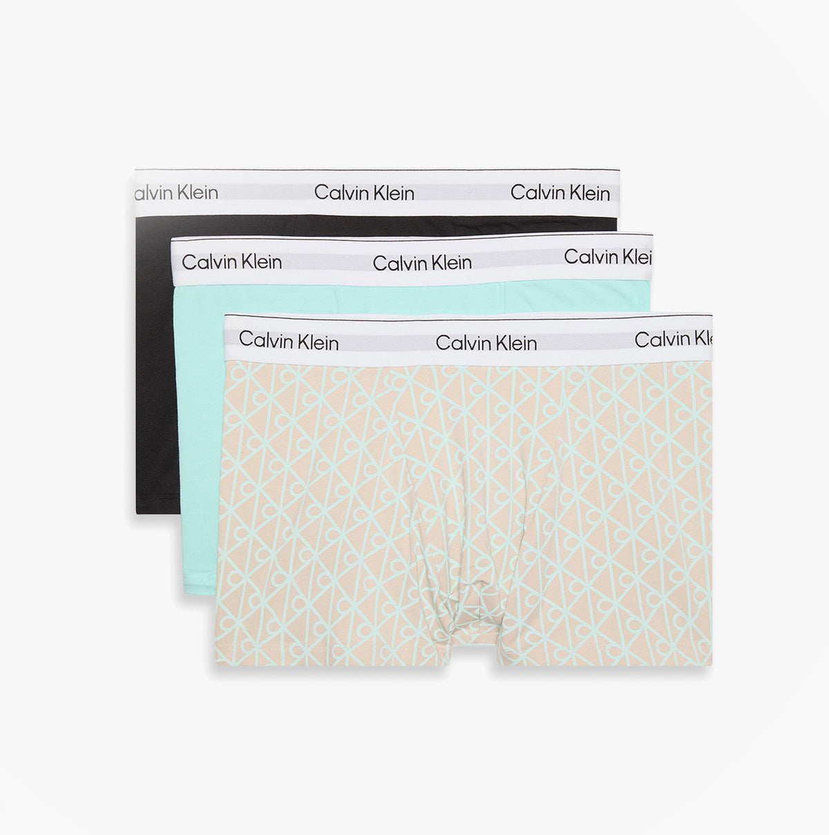 Calvin Klein COTTON BLEND Mens 3 Pack Trunks Multicoloured front view showcasing three different trunks in black, mint, and patterned designs.