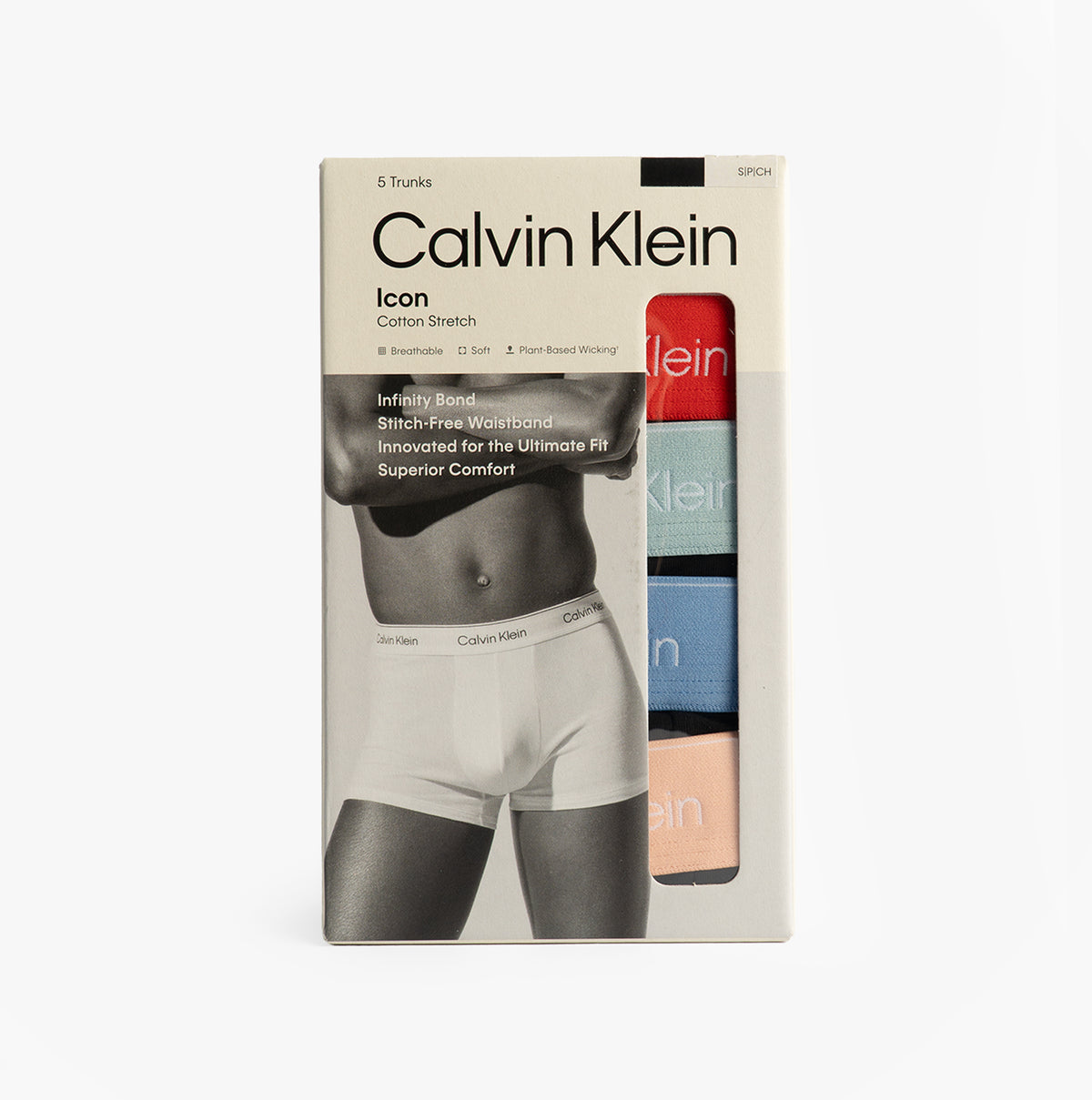 Calvin Klein TRUNK 5 Pack Mens Multicoloured, front view of packaging with trunks in red, blue, and peach colors.