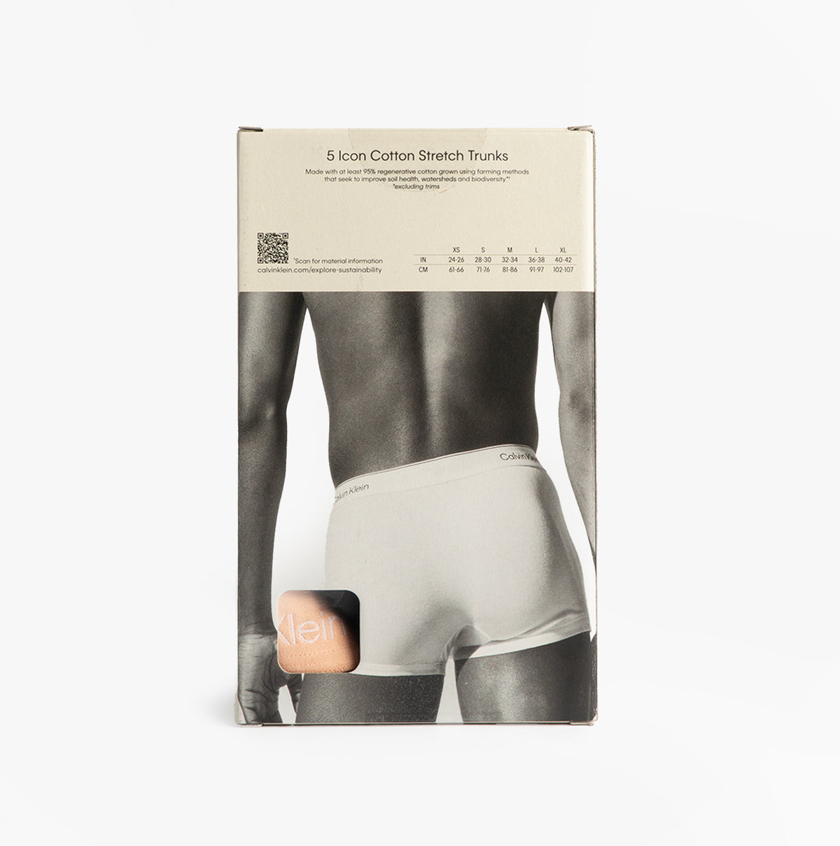 Calvin Klein TRUNK 5 Pack Mens Multicoloured back view of packaging showing cotton stretch trunks and size details