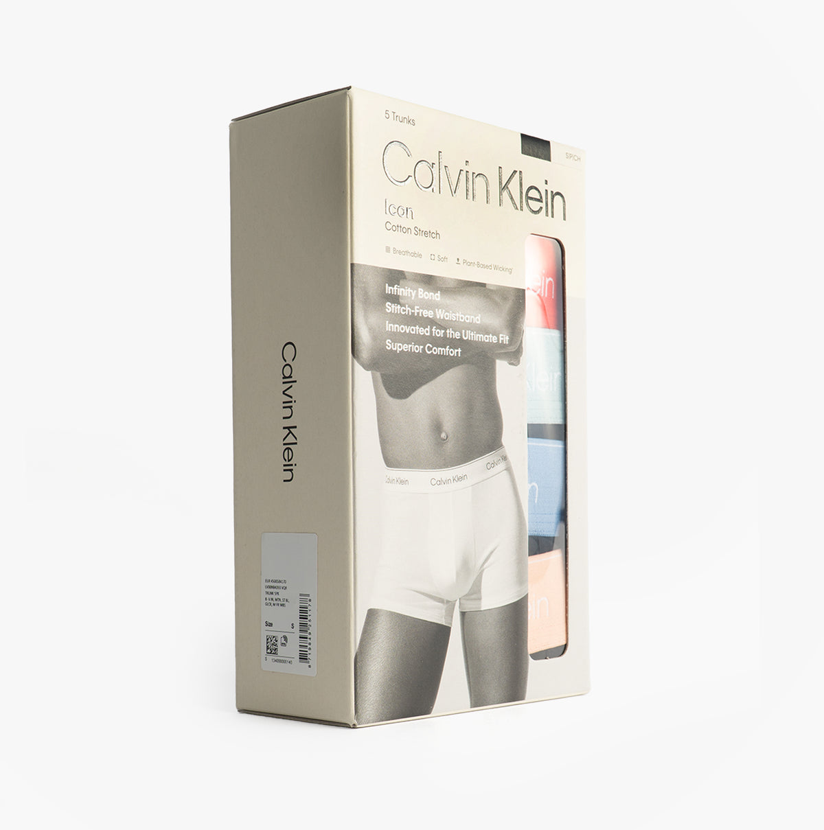 Calvin Klein TRUNK 5 Pack Mens Multicoloured front view of boxed underwear set with model silhouette.