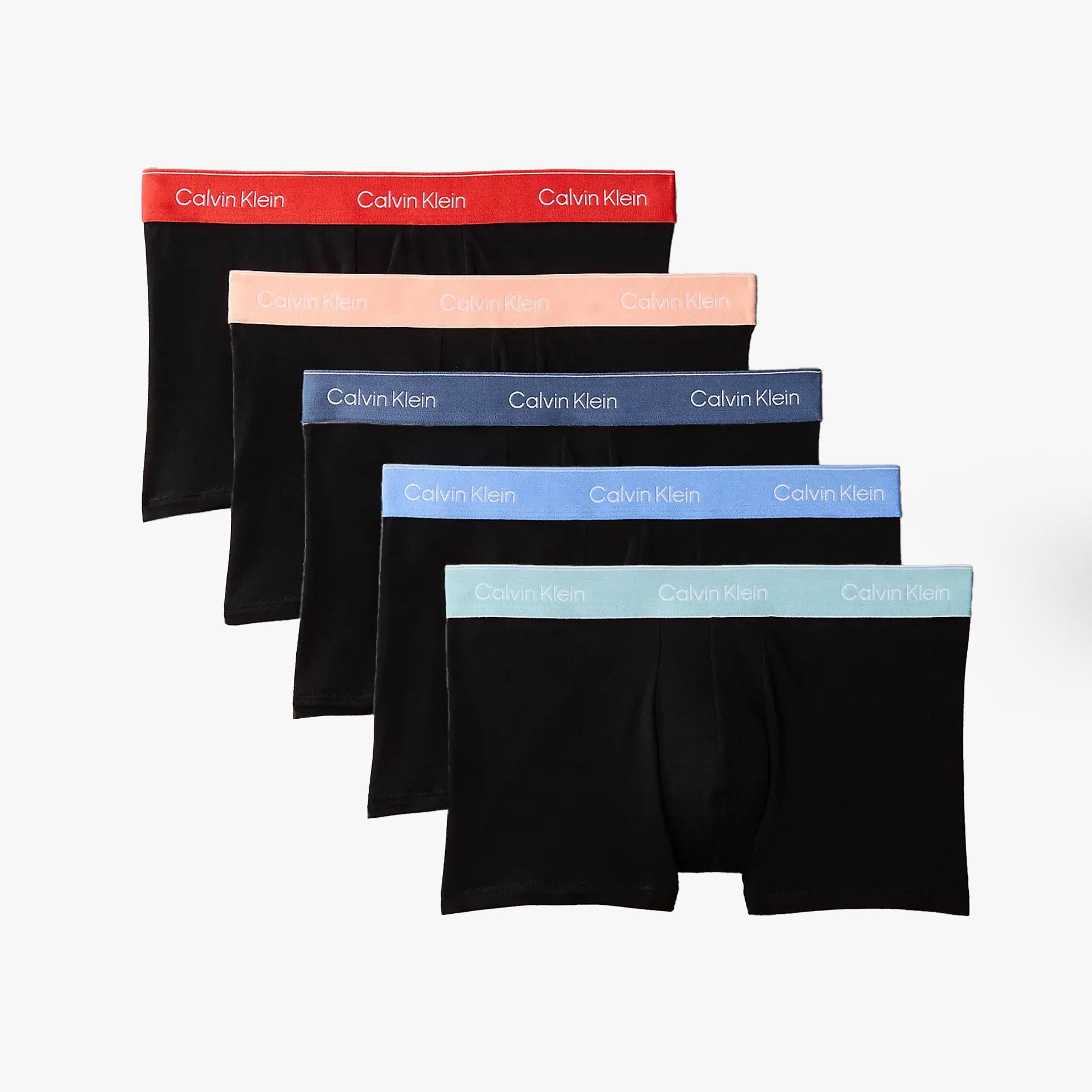 Calvin Klein TRUNK 5 Pack Mens Multicoloured front view featuring black trunks with colorful waistbands.