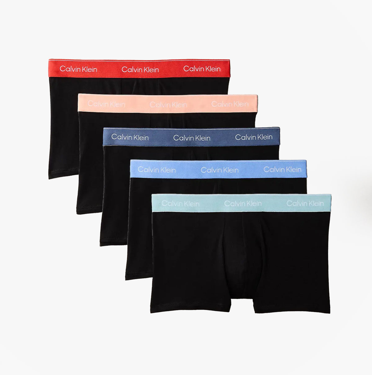 Calvin Klein TRUNK 5 Pack Mens Multicoloured front view featuring black trunks with colorful waistbands.