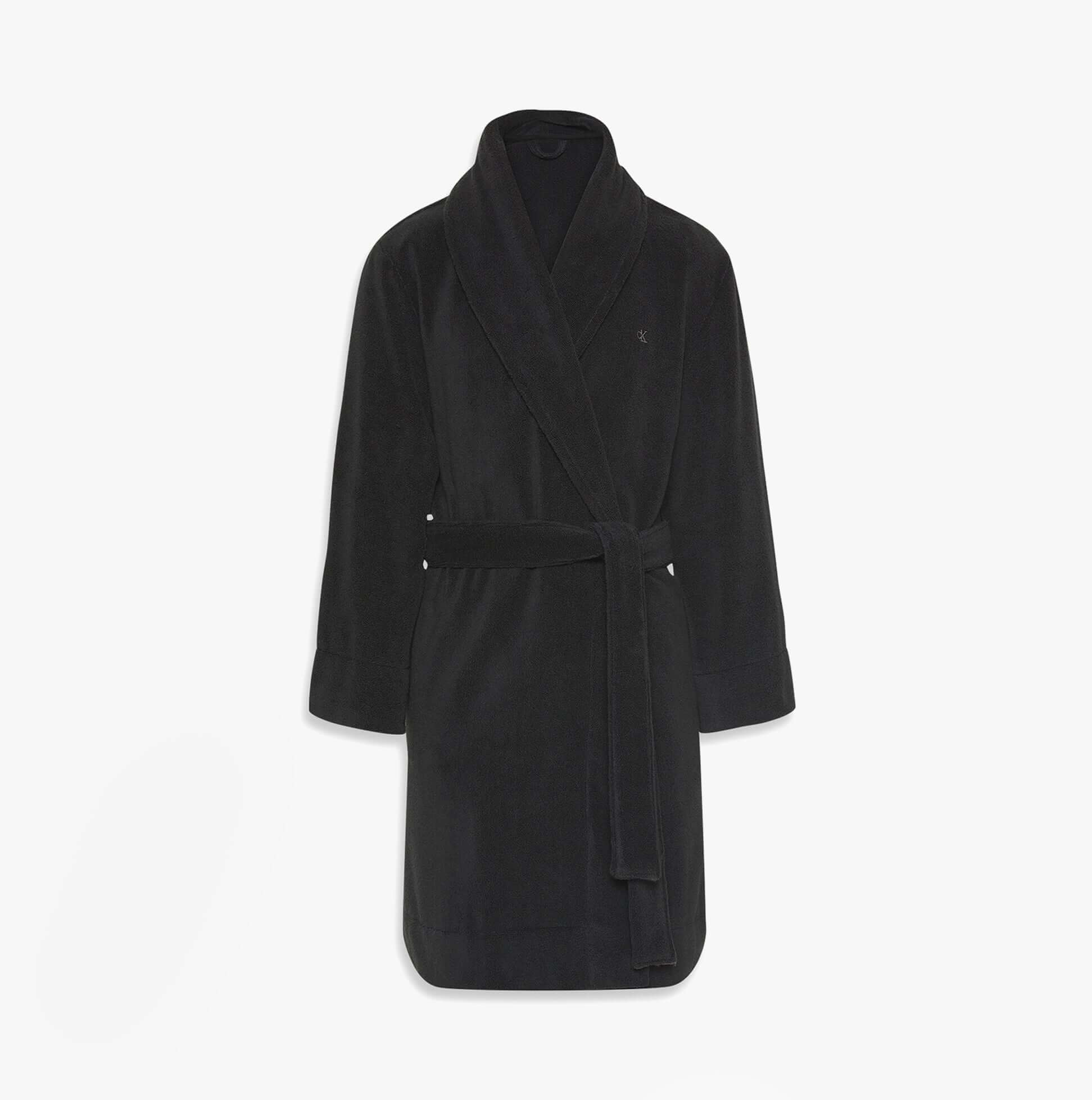 Calvin Klein COMFORT FRENCH TERRY Mens Bathrobes Black front view, 100% cotton, long sleeves, regular fit.
