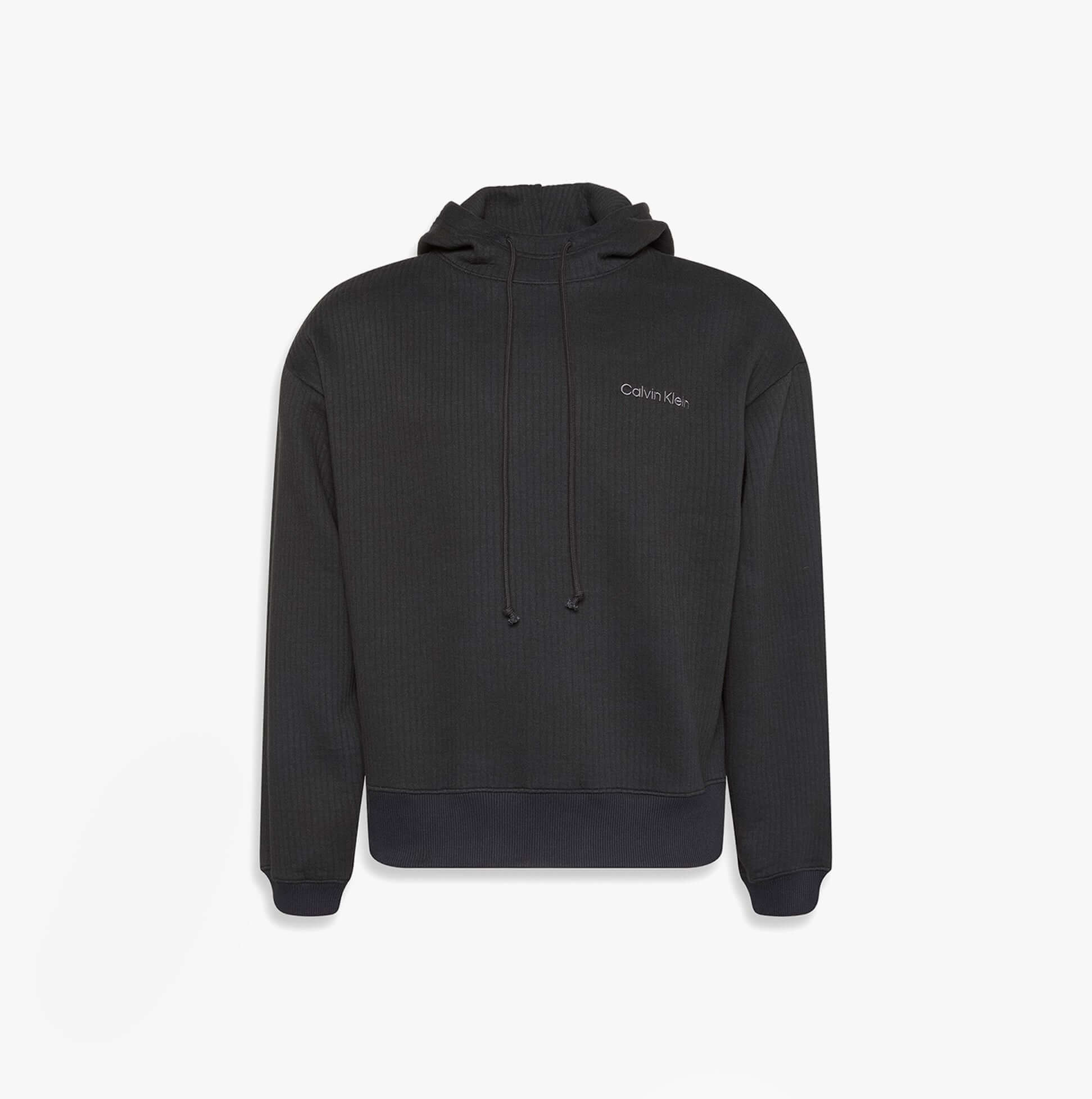 Calvin Klein QUILTED HOODIE Mens Hoodies Black front view showcasing the stylish hooded design.