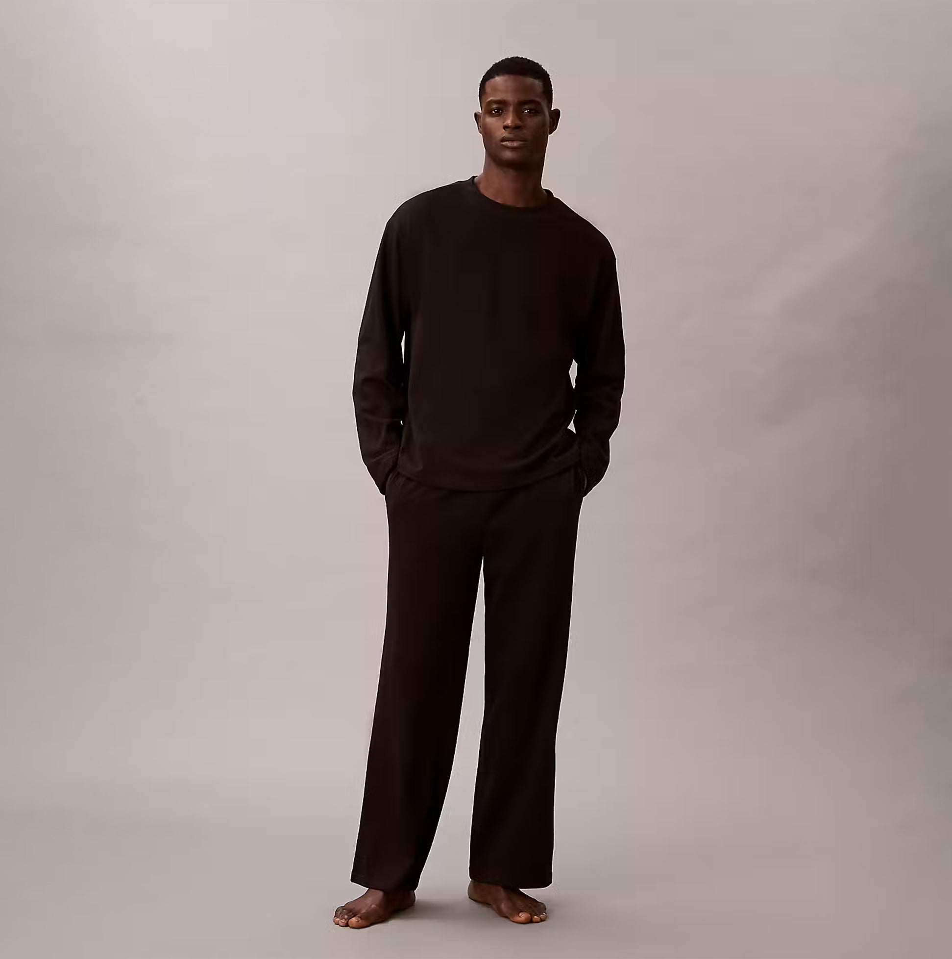 Calvin Klein LS TEE PANT SET Mens Black front view featuring long sleeves and relaxed fit, made from 100% cotton.