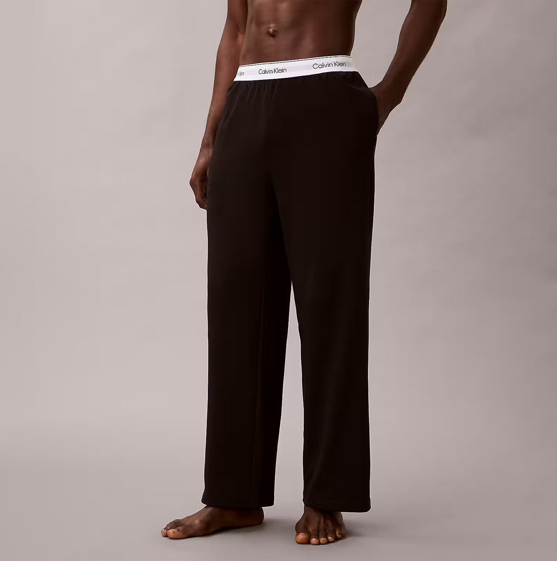 Calvin Klein LS TEE PANT SET Mens Black side view of black pants with logo waistband